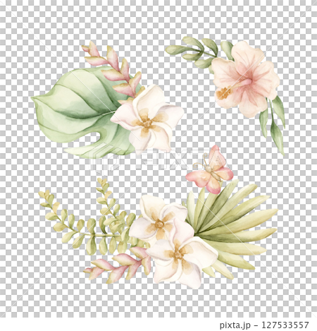 Tropical Hibiscus Plumeria Monstera Palm leaves arrangements set. Exotic African jungle flowers plants Watercolor hand painted summer floral isolated illustration on white background cute nursery baby 127533557