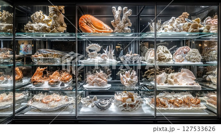 Elegant seafood display case with backlighting and mirrored shelves. 127533626