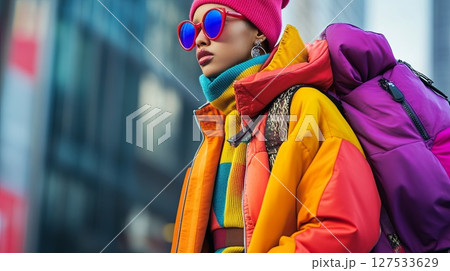Casual streetwear style with vibrant colors and oversized accessories. 127533629