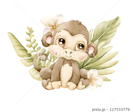 Cute Monkey with Tropical Leaves Flower Safari African animal. Watercolor hand painted illustration isolated on white background for exotic jungle design kids nursery wall stickers baby shower textile Cute Monkey with Tropical Leaves Flower Safari African animal. Watercolor hand painted illustration isolated on white background for exotic jungle design kids nursery wall stickers baby shower textile 127533779