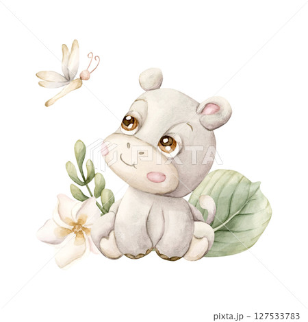 Cute Hippo with Tropical Leaves Flower Dragonfly Safari African animal Watercolor hand painted illustration isolated on white background for exotic jungle design kids nursery wall stickers baby shower 127533783