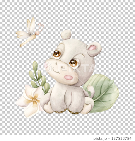 Cute Hippo with Tropical Leaves Flower Dragonfly Safari African animal Watercolor hand painted illustration isolated on white background for exotic jungle design kids nursery wall stickers baby shower Cute Hippo with Tropical Leaves Flower Dragonfly Safari African animal Watercolor hand painted illustration isolated on white background for exotic jungle design kids nursery wall stickers baby shower 127533784
