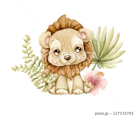 Cute Lion with Tropical Leaves Flower Safari African animal. Watercolor hand painted illustration isolated on white background for exotic jungle design kids nursery wall stickers baby shower textile Cute Lion with Tropical Leaves Flower Safari African animal. Watercolor hand painted illustration isolated on white background for exotic jungle design kids nursery wall stickers baby shower textile 127533785