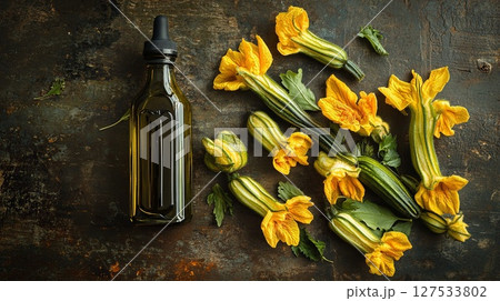 Zucchini blossoms arranged beside olive oil bottle . 127533802