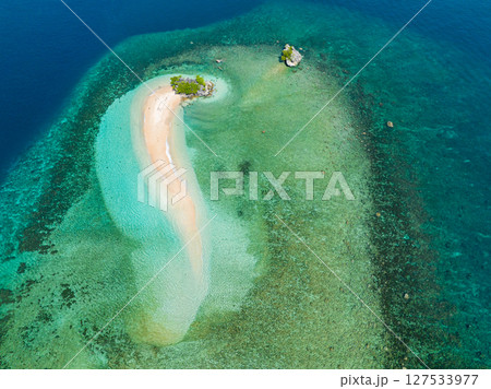 Drone view of beautiful sandbar beach and turquoise water atoll. Millari Island. Mindanao, Philippines. Summer and travel concept. 127533977