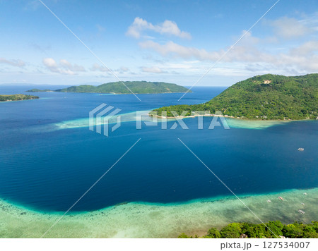 Turquoise water with corals in tropical island. Blue sea in Romblon, Philippines. 127534007