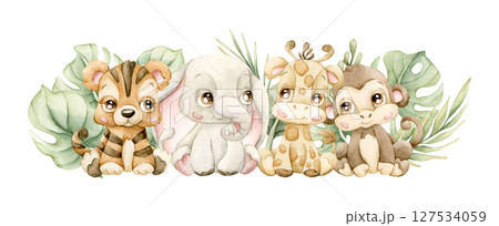 Cute Tiger Elephant Giraffe Monkey Tropical Leaves African Safari animals Adorable wildlife Watercolor hand painted illustration isolated on white background for jungle design kids nursery baby shower Cute Tiger Elephant Giraffe Monkey Tropical Leaves African Safari animals Adorable wildlife Watercolor hand painted illustration isolated on white background for jungle design kids nursery baby shower 127534059