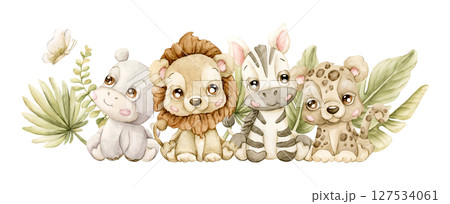 Cute Zebra Lion Hippo Leopard Tropical Leaves Exotic African animals Adorable wildlife. Watercolor hand painted illustration isolated on white background safari jungle design kids nursery baby shower Cute Zebra Lion Hippo Leopard Tropical Leaves Exotic African animals Adorable wildlife. Watercolor hand painted illustration isolated on white background safari jungle design kids nursery baby shower 127534061