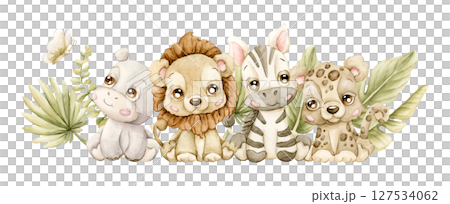 Cute Zebra Lion Hippo Leopard Tropical Leaves Exotic African animals Adorable wildlife. Watercolor hand painted illustration isolated on white background safari jungle design kids nursery baby shower 127534062