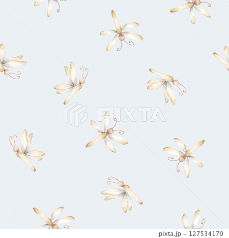Cute Dragonfly Damselfly Watercolor hand painted summer pastel soft gentle neutral minimalistic seamless pattern on blue background for nursery baby cloth textile fabric wrapping paper kids products Cute Dragonfly Damselfly Watercolor hand painted summer pastel soft gentle neutral minimalistic seamless pattern on blue background for nursery baby cloth textile fabric wrapping paper kids products 127534170
