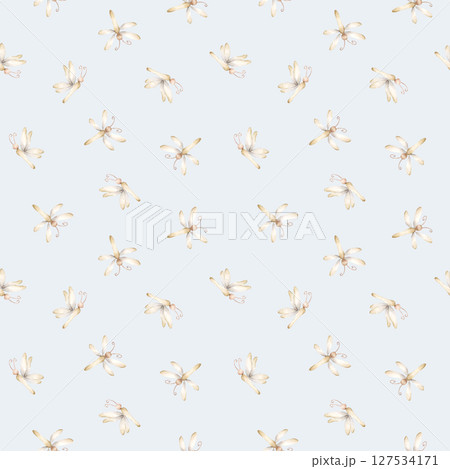 Cute Dragonfly Damselfly Watercolor hand painted summer pastel soft gentle neutral minimalistic seamless pattern on blue background for nursery baby cloth textile fabric wrapping paper kids products 127534171