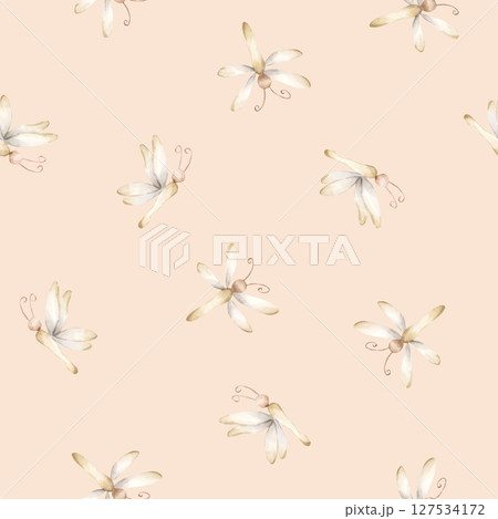 Cute Dragonfly Damselfly Watercolor hand painted summer pastel soft gentle neutral minimalistic seamless pattern on beige background for nursery baby cloth textile fabric wrapping paper kids products 127534172
