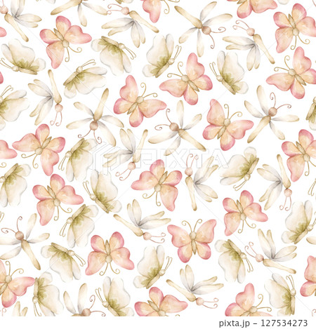 Cute Butterfly Dragonfly Watercolor hand painted summer pastel soft gentle neutral minimalistic seamless pattern on white background for nursery baby cloth textile fabric wrapping paper kids products. 127534273