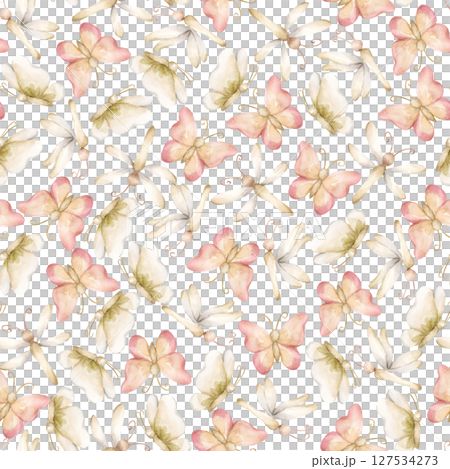 Cute Butterfly Dragonfly Watercolor hand painted summer pastel soft gentle neutral minimalistic seamless pattern on white background for nursery baby cloth textile fabric wrapping paper kids products. 127534273