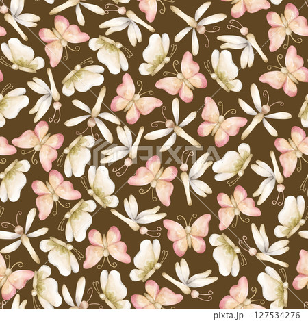 Cute Butterfly Dragonfly Watercolor hand painted summer pastel soft gentle neutral minimalistic seamless pattern on brown background for nursery baby cloth textile fabric wrapping paper kids products. 127534276