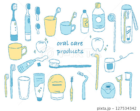 手描きテイストな歯磨きグッズのイラストセット(ブルー,イエロー) 127534342