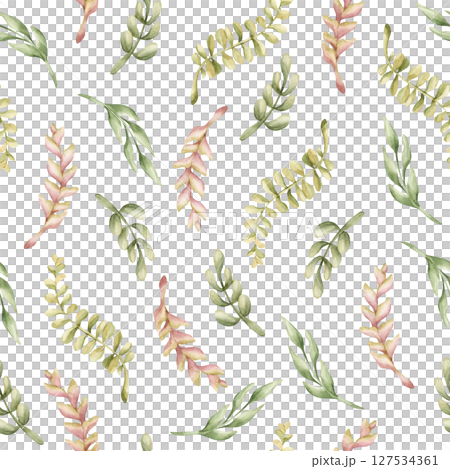 Leaf Branches Heliconia Little twigs Tropical Exotic plants Watercolor hand painted summer pastel neutral seamless pattern on white background for nursery kids baby cloth textile fabric wrapping paper 127534361