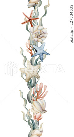 Sea Shells Starfish Seaweeds. Watercolor hand painted summer seamless border on white background. Cute pastel neutral underwater ocean marine life for kids baby nursery textile fabric, wrapping paper Sea Shells Starfish Seaweeds. Watercolor hand painted summer seamless border on white background. Cute pastel neutral underwater ocean marine life for kids baby nursery textile fabric, wrapping paper 127534635