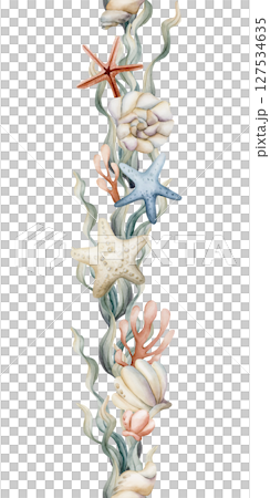 Sea Shells Starfish Seaweeds. Watercolor hand painted summer seamless border on white background. Cute pastel neutral underwater ocean marine life for kids baby nursery textile fabric, wrapping paper Sea Shells Starfish Seaweeds. Watercolor hand painted summer seamless border on white background. Cute pastel neutral underwater ocean marine life for kids baby nursery textile fabric, wrapping paper 127534635