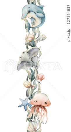 Dolphin Jellyfish Stigray Sea Shells Starfish Seaweeds. Watercolor hand painted summer seamless border on white background. Cute pastel underwater ocean marine animals kids baby nursery textile fabric Dolphin Jellyfish Stigray Sea Shells Starfish Seaweeds. Watercolor hand painted summer seamless border on white background. Cute pastel underwater ocean marine animals kids baby nursery textile fabric 127534637
