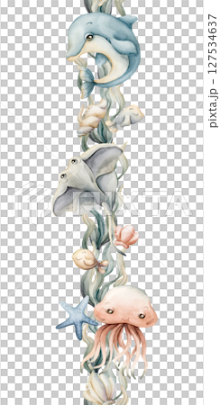 Dolphin Jellyfish Stigray Sea Shells Starfish Seaweeds. Watercolor hand painted summer seamless border on white background. Cute pastel underwater ocean marine animals kids baby nursery textile fabric Dolphin Jellyfish Stigray Sea Shells Starfish Seaweeds. Watercolor hand painted summer seamless border on white background. Cute pastel underwater ocean marine animals kids baby nursery textile fabric 127534637
