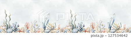 Seaweeds Sea Coral Sponge Starfish Shell on sand. Watercolor hand painted summer seamless border on blue background Cute pastel neutral underwater for kids baby nursery textile fabric, wrapping paper Seaweeds Sea Coral Sponge Starfish Shell on sand. Watercolor hand painted summer seamless border on blue background Cute pastel neutral underwater for kids baby nursery textile fabric, wrapping paper 127534642