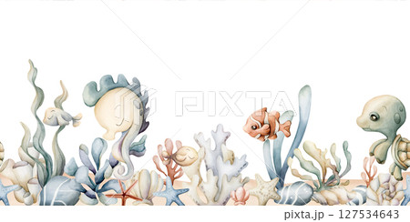 Seahorse turtle fish with seaweeds coral starfish shell on seabed. Watercolor hand painted summer seamless border on white background Cute pastel for kids baby nursery textile fabric, wrapping paper Seahorse turtle fish with seaweeds coral starfish shell on seabed. Watercolor hand painted summer seamless border on white background Cute pastel for kids baby nursery textile fabric, wrapping paper 127534643