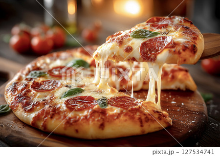 チーズが伸びる焼きたてピザのクローズアップ チーズが伸びる焼きたてピザのクローズアップ 127534741