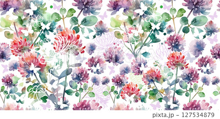 Seamless watercolor pattern with colorful wildflowers. Clover Watercolor Flower with Butterflies. hand drawn. Not AI, Vector illustration 127534879
