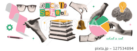 Back to School collage elements set on transparent background with halftone torn out stickers - stack of books, brain, hand writing, pencil and torn paper, evoking excitement for school. Vector 127534894
