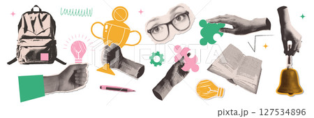 Paper torn out elements for mixed media halftone collage. Concept of learning, university, college or back to school. Hands holding winner s cup, lightbulb, puzzle, bell, backpack and more. Vector 127534896