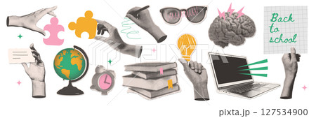 Set of school paper stickers, retro halftone collage elements for media design. Laptop, globe, lightbulb, books, alarm clock, hand, pen, puzzle. Vector design on the theme of school, study, university 127534900