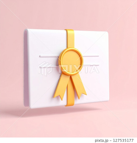 White Envelope with Gold Seal and Ribbon on Pink Background 127535177