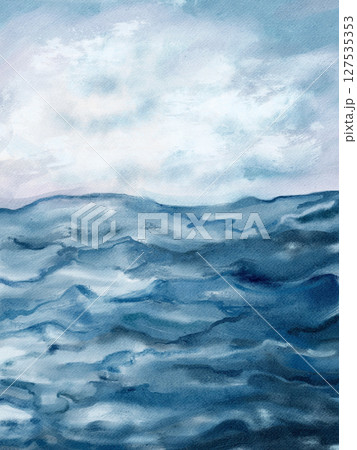Blue wave and sea abstract impressionist wall art in watercolor and acrylic mix. Modern oil painting on canvas for posters, home decor, invitations, web design, and printable art. Blue wave and sea abstract impressionist wall art in watercolor and acrylic mix. Modern oil painting on canvas for posters, home decor, invitations, web design, and printable art. 127535353