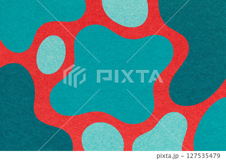 Abstract red, cyan and teal background with amorphous blob shapes and paper texture in flat organic design 127535479