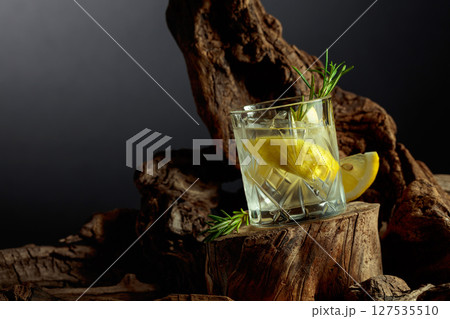 Gin and tonic cocktail with lemon slices, ice and a sprig of rosemary. 127535510