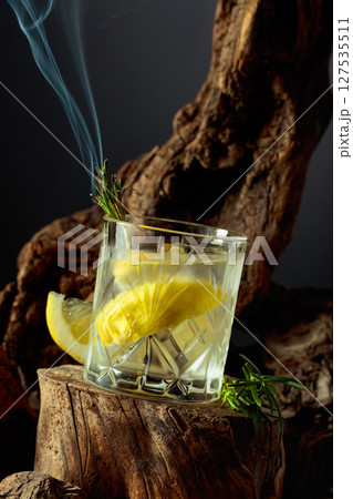Cocktail gin and tonic with lemon slices and sprig of rosemary. Cocktail gin and tonic with lemon slices and sprig of rosemary. 127535511