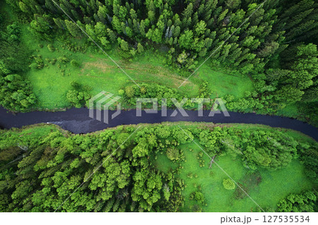 Top view of river and meadow in green forest 127535534
