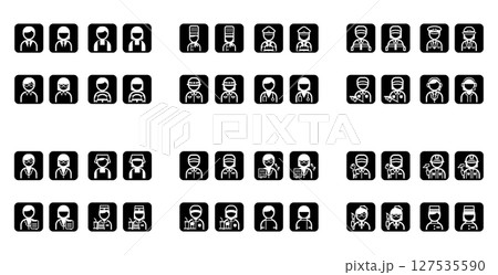 働く人職業のシンプルな四角いモノクロ白抜きイラストアイコンセット 127535590