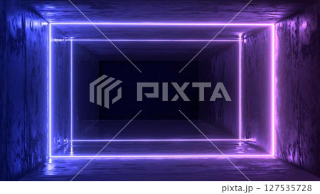 3d render. Geometric figure in neon light against a dark tunnel. Laser glow. 3d render. Geometric figure in neon light against a dark tunnel. Laser glow. 127535728