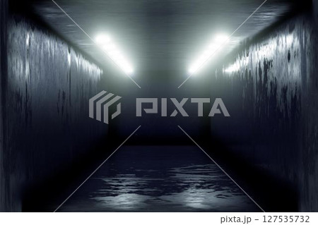 3d Visualization. Geometric figure in neon light against a dark tunnel. Laser glow. 3d Visualization. Geometric figure in neon light against a dark tunnel. Laser glow. 127535732
