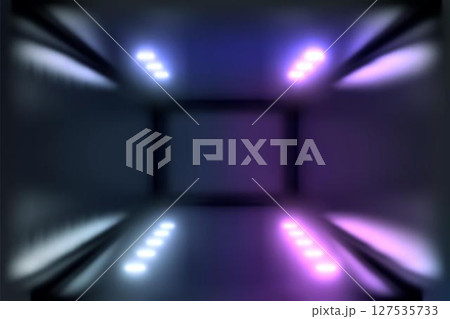 3d Visualization. Geometric figure in neon light against a dark tunnel. Laser glow. 3d Visualization. Geometric figure in neon light against a dark tunnel. Laser glow. 127535733