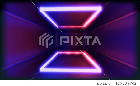 3d Visualization. Geometric figure in neon light against a dark tunnel. Laser glow. 127535742