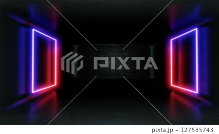 3d Visualization. Geometric figure in neon light against a dark tunnel. Laser glow. 127535743