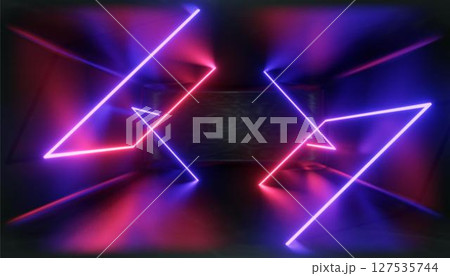 3d Visualization. Geometric figure in neon light against a dark tunnel. Laser glow. 3d Visualization. Geometric figure in neon light against a dark tunnel. Laser glow. 127535744