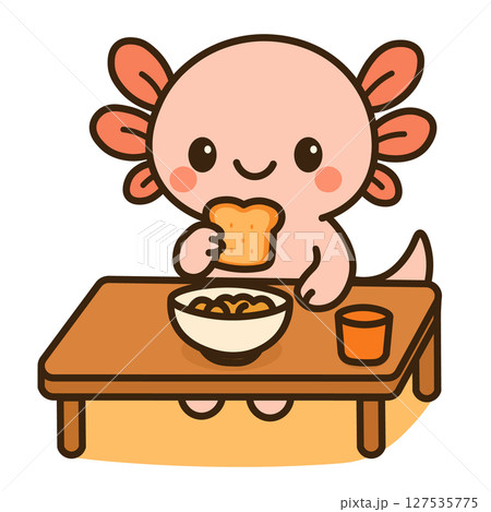 Adorable axolotl eating breakfast at table cute cartoon amphibian 127535775