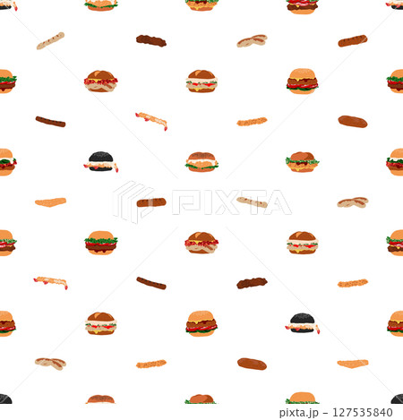 Seamless fast food pattern of burger series, cute mixed simple burgers in minimal graphic illustration style, vivid colors on a transparent background. 127535840
