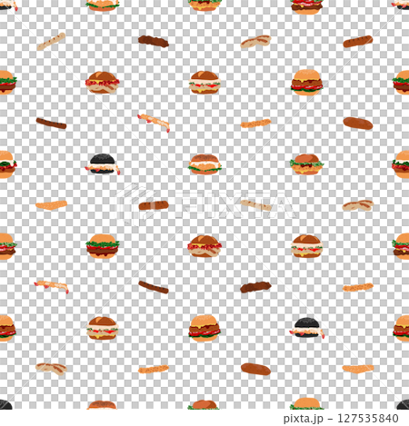 Seamless fast food pattern of burger series, cute mixed simple burgers in minimal graphic illustration style, vivid colors on a transparent background. 127535840