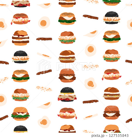 Seamless fast food pattern of burger series, cute mixed burgers with eggs and mushrooms in minimal graphic illustration style, vivid colors on a transparent background. 127535843
