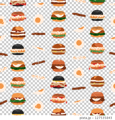 Seamless fast food pattern of burger series, cute mixed burgers with eggs and mushrooms in minimal graphic illustration style, vivid colors on a transparent background. 127535843